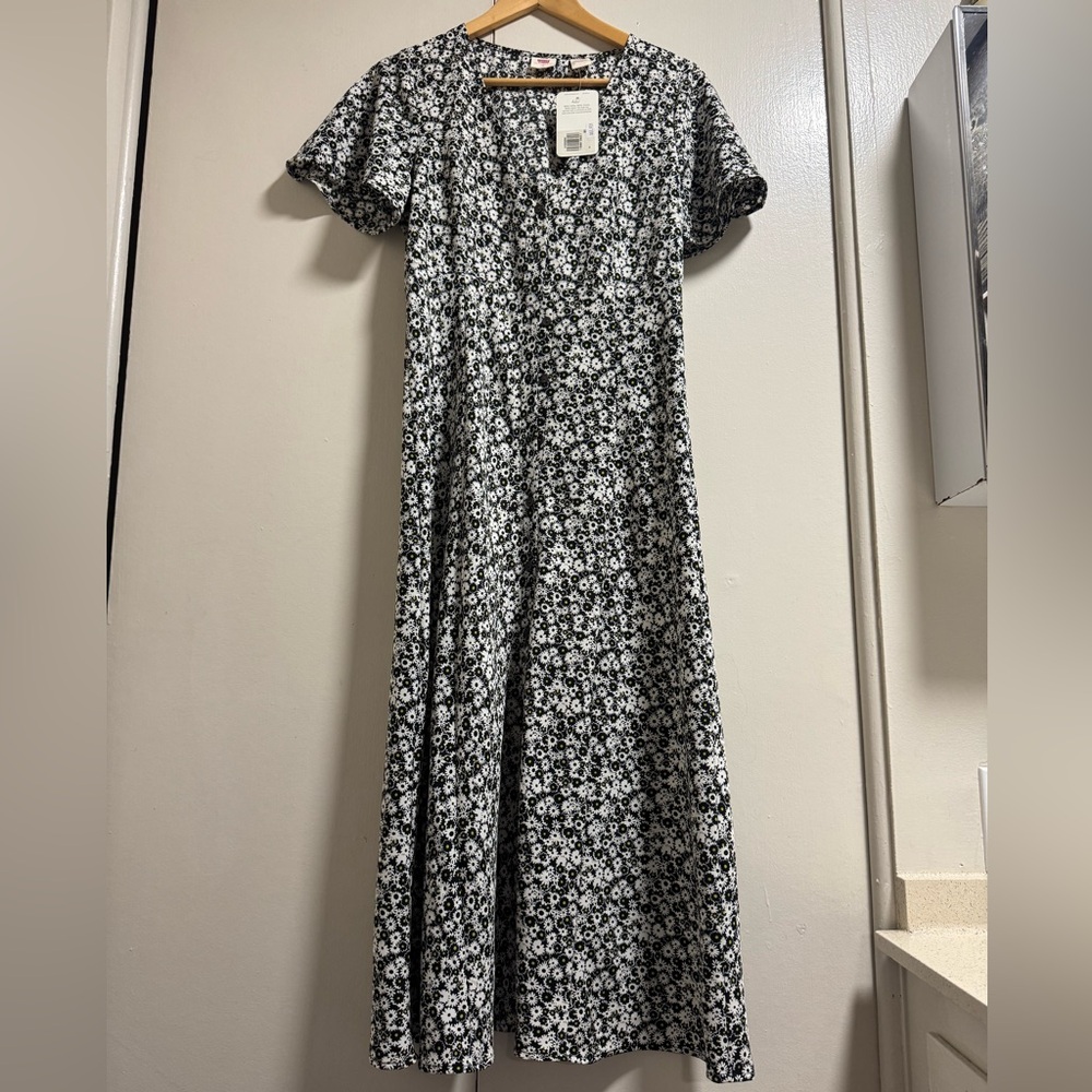 LEVI’S NWT Black White & Yellow Ditsy Floral Printed Button Down 90s Midi Dress